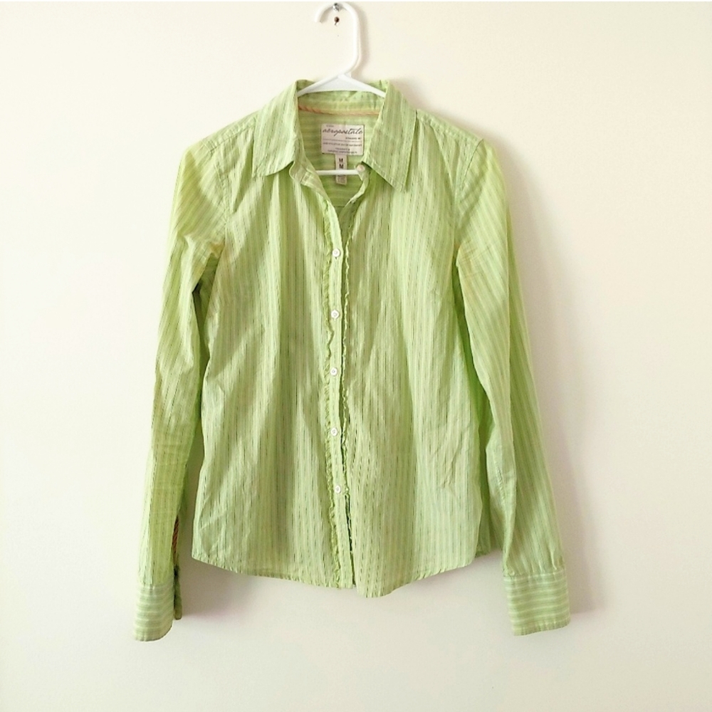 Aeropostale green & white stripe button up shirt size M